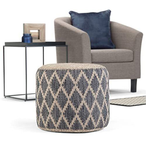 SIMPLIHOME Edgeley Round Pouf, Footstool, Upholstered 18 inch, Grey, Natural