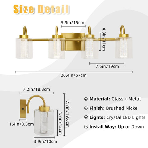 GAOMON Bathroom Light Fixtures, 4 Light Brushed Gold Vanity Lights Crystal Bu...