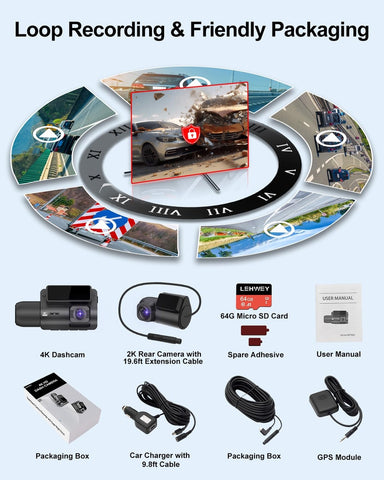 Dash Cam Camera For Cars Dashcam - Lehwey 3 Channel 4k 2160P+1440P+1080P Dash...