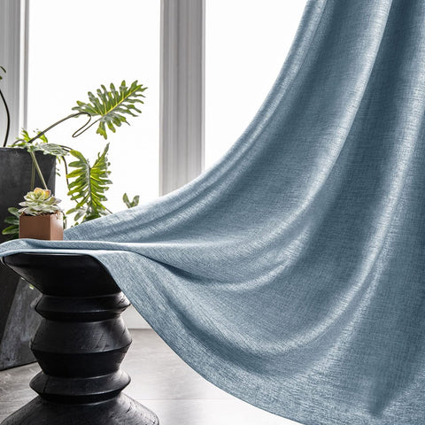 Melodieux Flower Embroidery Linen Blackout Blue Curtains for Living Room Bedr...