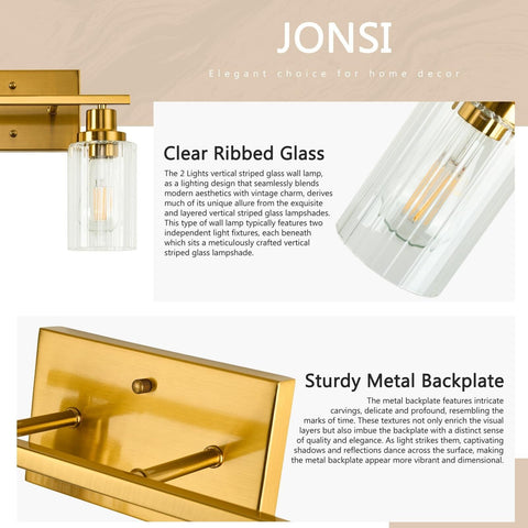 Jonsi Gold Bathroom Light Fixtures, 2 Light Brushed Gold Bathroom Vanity Ligh...