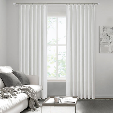 White Pinch Pleated Blackout Curtain Panels Linen Texture Thermal Insulated E...