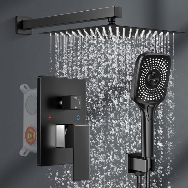 Black Shower Faucet Set Stainless Steel 10in Rainfall Shower Head with Handhe...