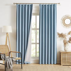 MAIHER Dusty Blue Full Blackout Linen Pleated Curtains 120 Inches Extra Long,...