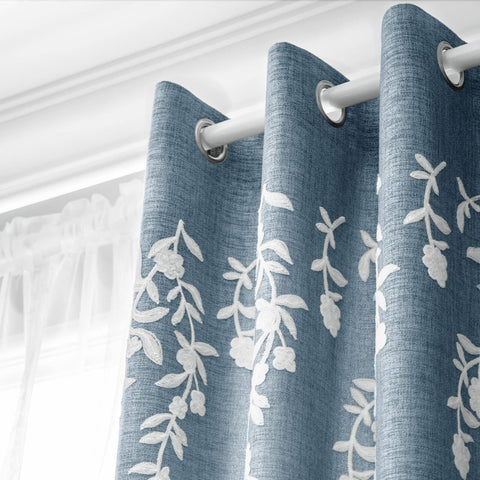 Melodieux Flower Embroidery Linen Blackout Blue Curtains for Living Room Bedr...