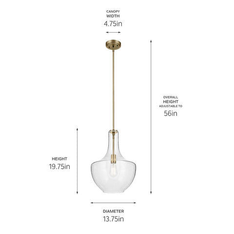 KICHLER Everly 19.75" 1 Light Bell Pendant Clear Glass Natural Brass 13.75"