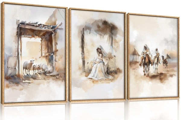 HPINUB Jesus Nativity Framed Canvas Wall Art Set,Large Retro Christian Bible ...