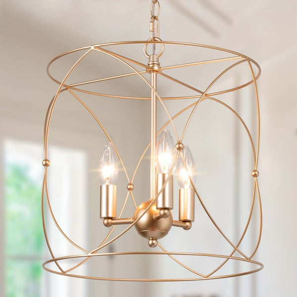 Modern Gold Chandelier, 3-Light Cylindrical Cage Pendant Lighting for Kitchen...