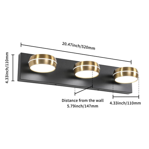 Brass LED Bathroom Lights Fixtures Over Mirror Modern 3 Light Black Bathroom ...