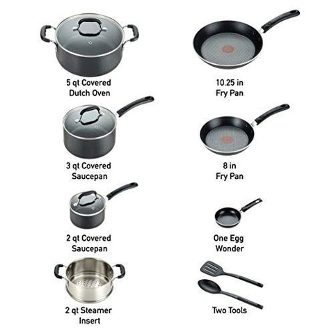 T-fal Experience Nonstick Cookware Set 12 Piece Induction 12-Piece, Black