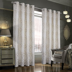 always4u 100% Blackout Damask Foil Print White and Gold Ridged Velvet Curtain...