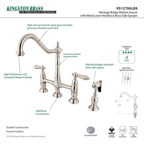 Kingston Brass KS1278ALBS Heritage Bridge Kitchen Faucet, 8-3/4", Brushed Nic...