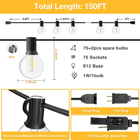 String Lights for Outside 150FT,Dimmable Waterproof Outdoor String Lights wit...