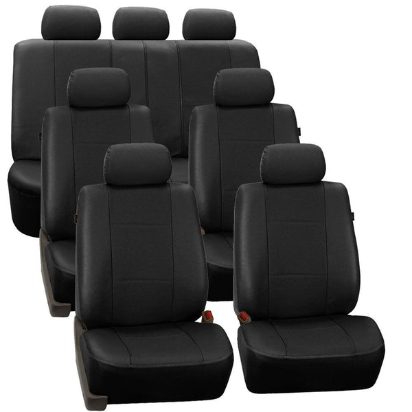 FH Group Three Row Car Seat Covers Deluxe Leatherette Universal, Solid Black