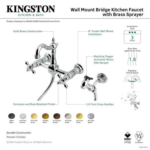 Kingston Brass KS2447AXBS Heritage Wall Mount Bridge Kitchen Faucet with Bras...