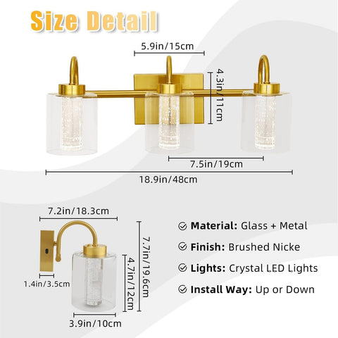 GAOMON Bathroom Light Fixtures, 3 Light Brushed Gold Vanity Lights Crystal Bu...