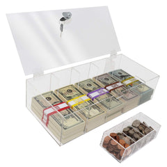 Clear Locking Currency Tray, 5 Compartment Cash Organizer Money Storage Box w...