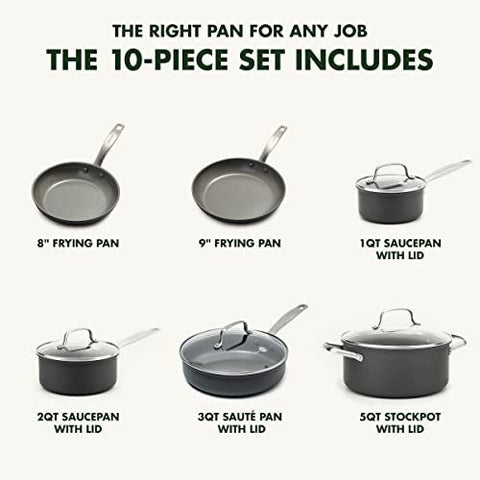 GreenPan Chatham Hard Anodized 10 Piece Cookware Pots and Pans Set, Gray