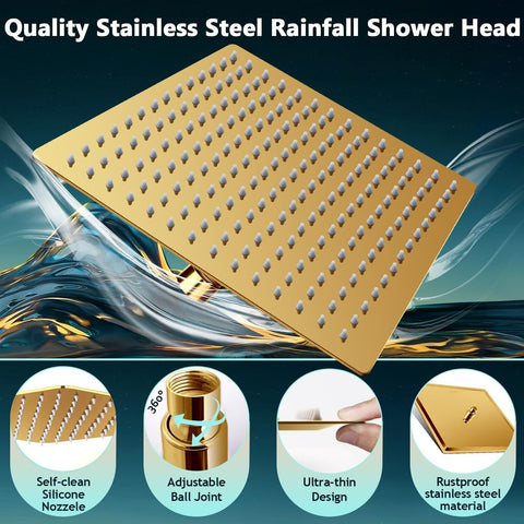 Shower Head Gold, Upgraded 12" Rain Shower Head with 12" Flexible Curved Show...