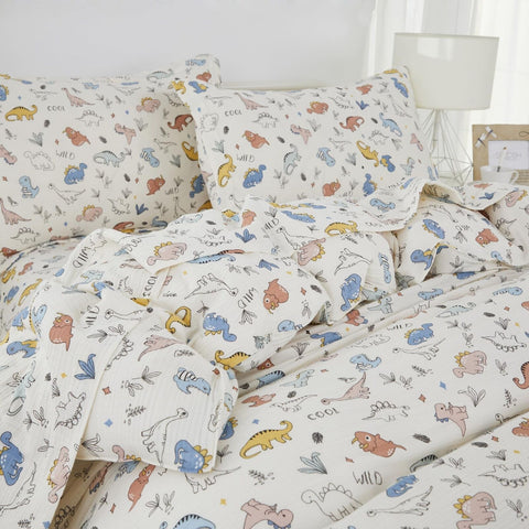 Brandream Cotton Gauze Bed Sheet Set Queen Size Boys Bedding Dinosaur Print S...