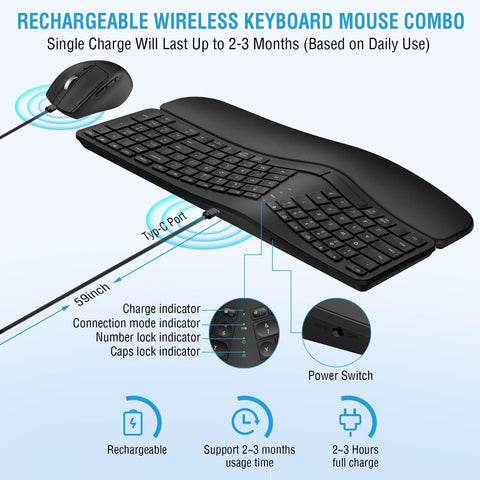 Ergonomic Wireless Keyboard Mouse Combo, EDJO Bluetooth/2.4G Dual Channel, Sp...