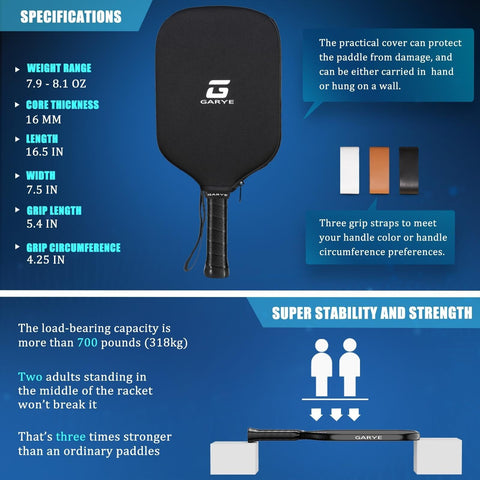 GARYE Pickleball Paddles, 16MM T700 Thermoformed Raw Carbon Fiber Pickleball ...