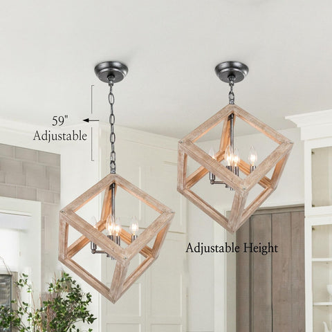 Uolfin Wood Square Chandelier, Farmhouse 4-Light Pendant Light Fixtures Hangi...