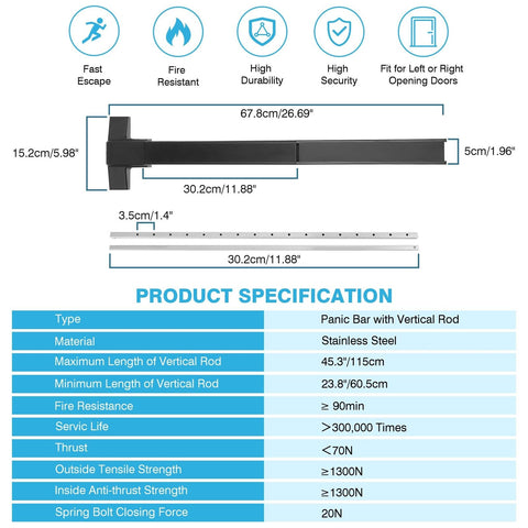 IRONWALLS Surface Vertical Rod Panic Bar, Black 27.5&#8221; Commercial Door Push