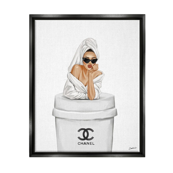 Stupell Industries Girl in Robe Morning Coffee Black Framed Floater Canvas Wa...