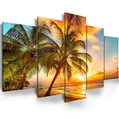 Golden Seascape Ocean Beach Wall Art Cozy Sea Artwork Modern Ocean Sunset Sea...