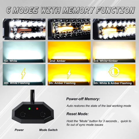 23 Inch 144W LED Light Bar White/Amber Flasing Strobe Light with Six Modes Dr...