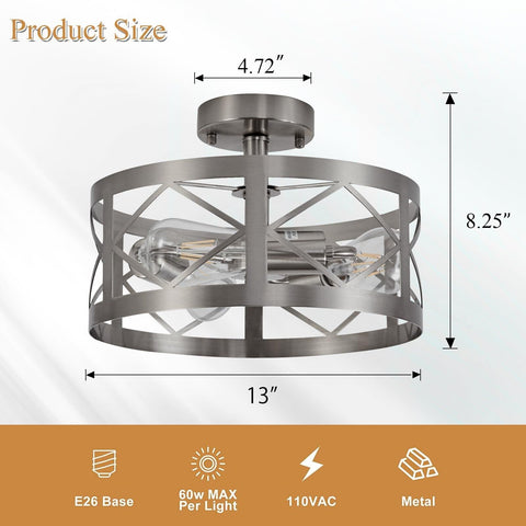 Modern Semi Flush Mount Ceiling Light Brushed Nickel 3-Light Round Lighting F...