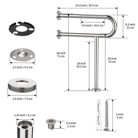 Toilet Grab Bar 23.4 Inch, YuanDe Chrome Anti-Slip Toilet Support Bars, Wall ...