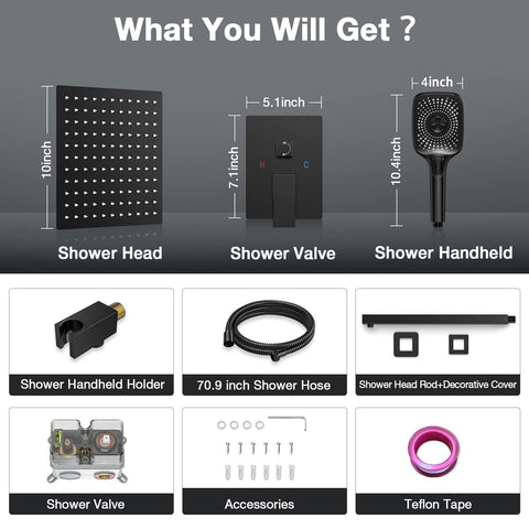 Black Shower Faucet Set Stainless Steel 10in Rainfall Shower Head with Handhe...