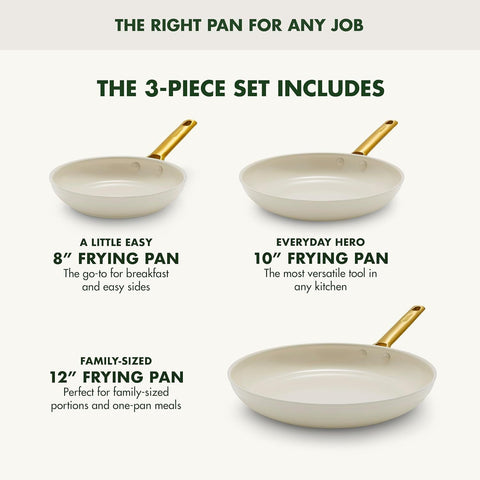 GreenPan Reserve 8" 10" and 12" 3 Piece Frying Pan Skillet Set, Cream White