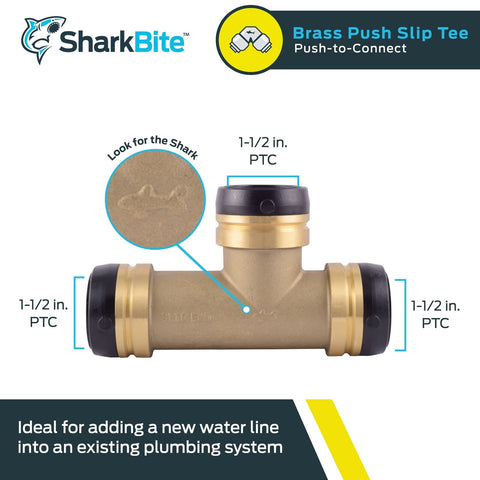 SharkBite 1-1/2 Inch Slip Tee, Push to Connect Brass Plumbing Fitting, Copper...