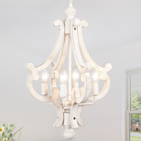 Wooden Farmhouse Chandelier 4 Lights Rustic Antique White Chandelier for Dini...