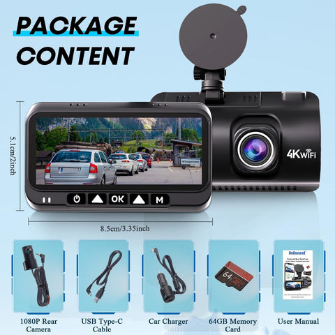 Smart Dash Cam GPS APP: 4K 2160P USB Easy Install 5G WiFi Front Rear Car Came...