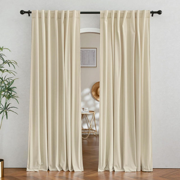 RYB Home Light Beige Velvet Curtains 96 inches Long - Super Soft Bedroom Wind...