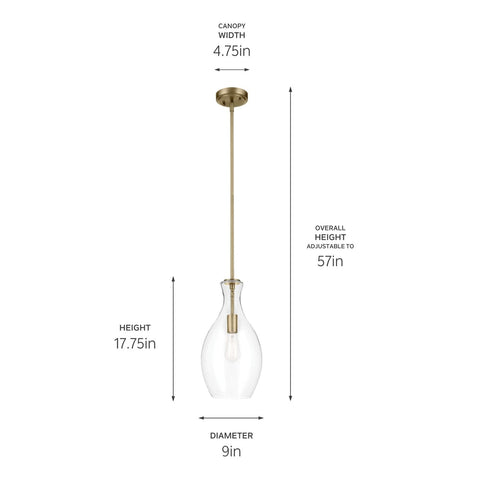 KICHLER Everly 17.75" 1-Light Bell Pendant with Clear Seeded Glass in Brushed...