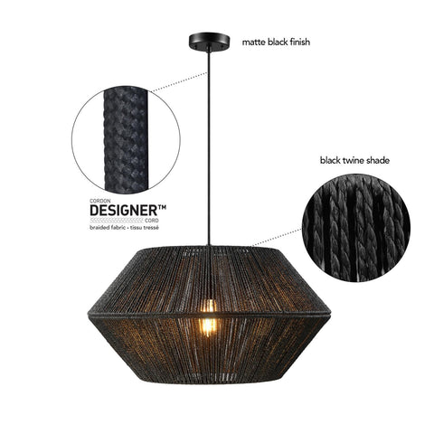 Globe Electric 65470 1-Light Chandelier, Matte Black Natural Twine, Mate Blac...