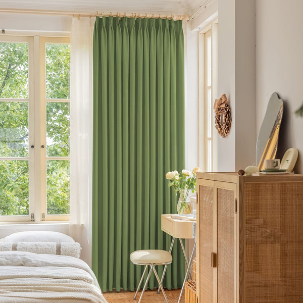 Sage Green Blackout Pinch Pleat Curtain 120 Inches Extra Long, Ceiling to Flo...