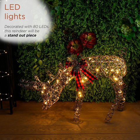 Rattan Grazing Reindeer with Bow and LED Lights D&#233;cor 27" H - Reindeer w/ L