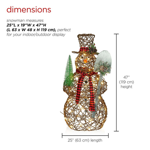 Alpine Corporation CHT922 47" Rattan Snowman with Shovel & Scarf Decor, 60 Wa...