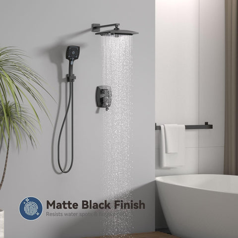 ELLO&ALLO Matte Black Bathroom Shower Faucet Set with Valve, Rainfall Shower ...