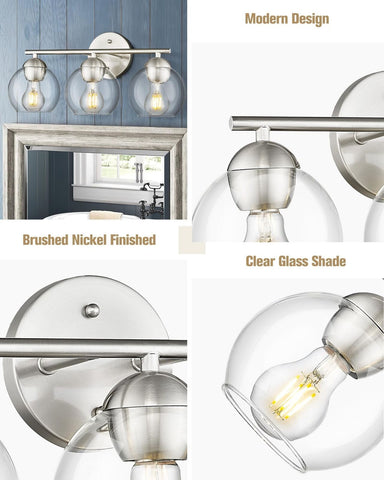 Emak Modern Brushed Nickel Bathroom Light Fixtures, 3-Light Globe Vanity Ligh...