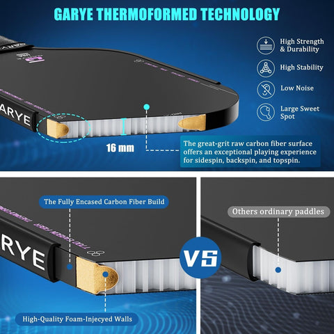 GARYE Pickleball Paddles, 16MM T700 Thermoformed Raw Carbon Fiber Pickleball ...