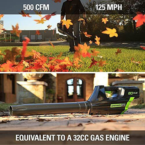 Greenworks 80V (125 MPH / 500 CFM / 75+ Blower (2.0Ah), Green/Black