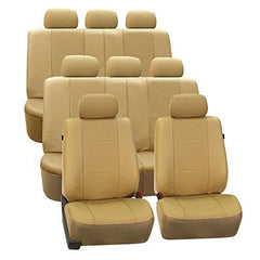 FH Group Three Row Car Seat Covers Deluxe Leatherette with 8 Headrests, Beige