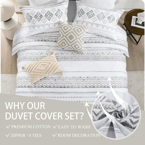 Quilta Cotton Duvet Cover Queen Size, Boho White Duvet Cover Bedding Set for ...